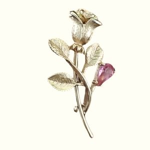 VINTAGE AVON Golden Rose Brooch With Pink Teardrop Crystal Rosebud Flower